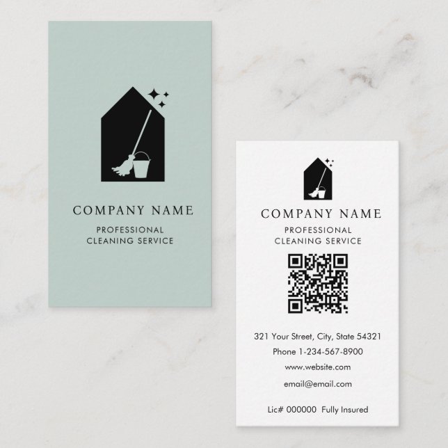 Modern Cleaning Cleaner Services Logo Teal QR Code Business Card (Front/Back)