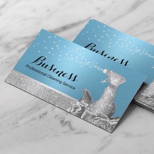 Modern Cleaning Service Blue  Silver Floral Spray Business Card