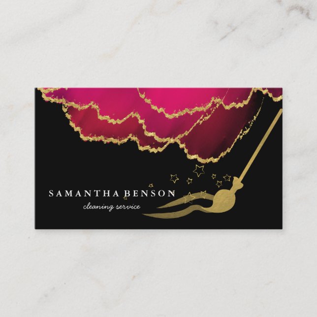 Modern Cleaning Service Brushed Black Metal Gold  Business Card (Front)