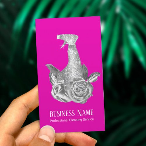 Modern Cleaning Service Hot Pink Spray  Flowers Business Card