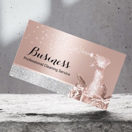 Modern Cleaning Service Rose Gold Floral Spray Business Card