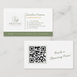 Modern Cleaning Service Sage Green Minimalist QR Business Card