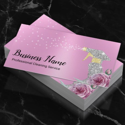 Modern Cleaning Service Silver Spray Girly Pink Business Card