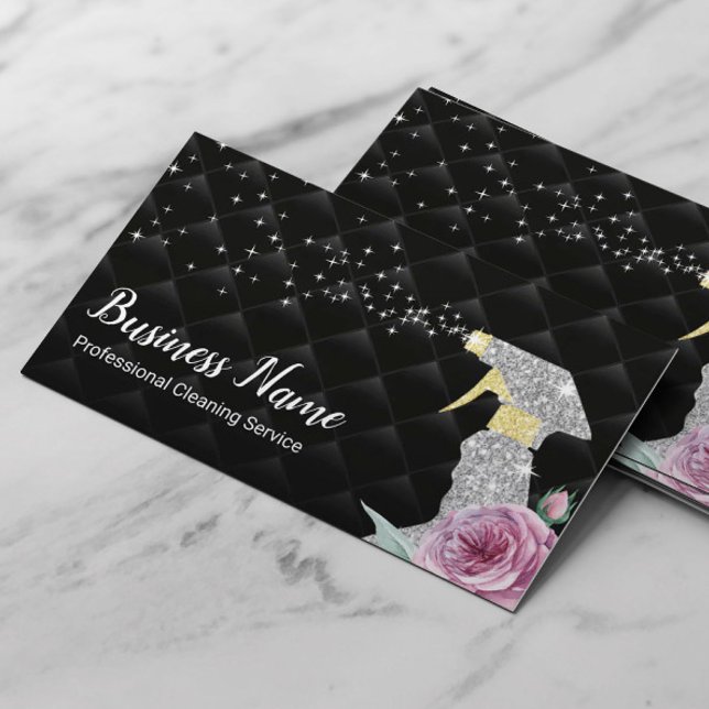 Modern Cleaning Service Silver Spray Luxury Black Business Card (Creator Uploaded)