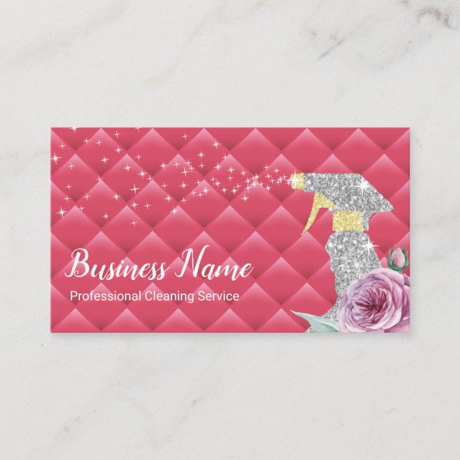 Modern Cleaning Service Silver Spray Luxury Pink Business Card (Front)
