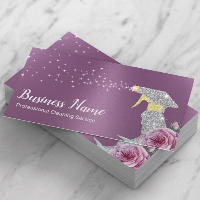 Modern Cleaning Service Silver Spray Purple Business Card (Creator Uploaded)