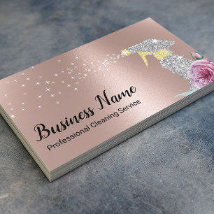 Modern Cleaning Service Silver Spray Rose Gold Business Card