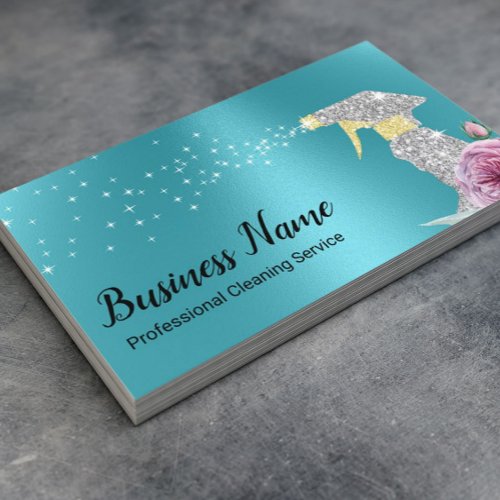 Modern Cleaning Service Silver Spray Turquoise Business Card