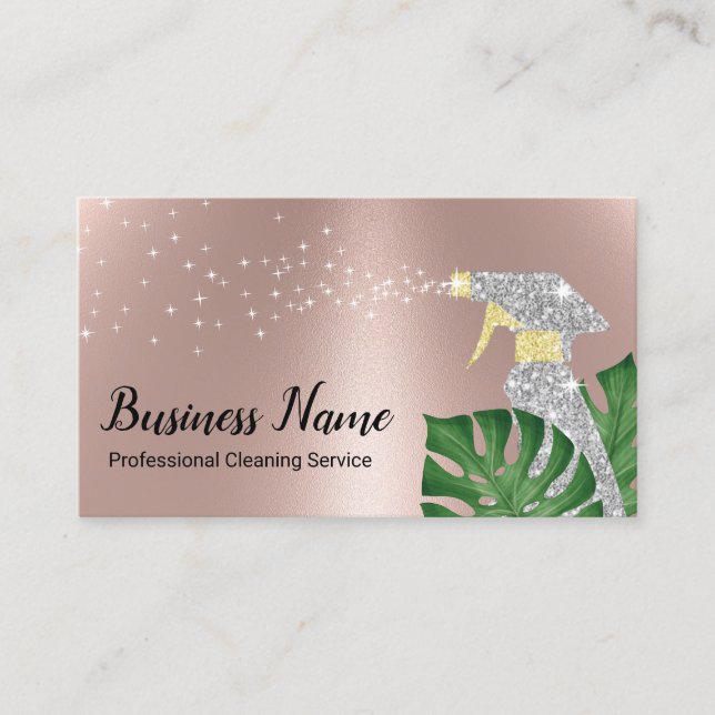 Modern Cleaning Service Tropical Leaves Rose Gold Business Card (Front)