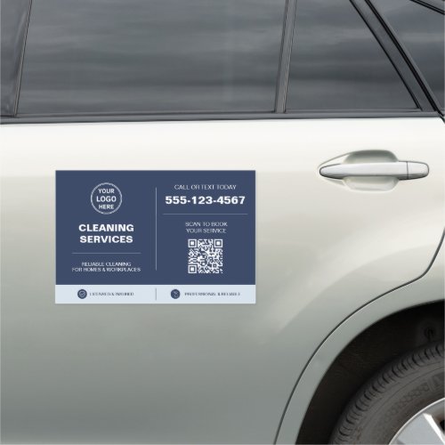 Modern Cleaning Services Logo QR Code Navy Blue Car Magnet