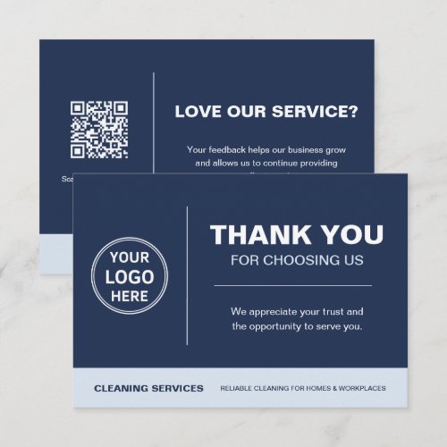 Modern Cleaning Services Logo QR Code Navy Blue Thank You Card