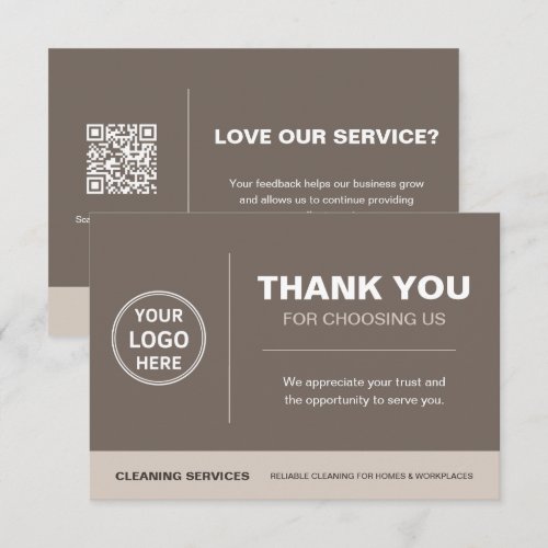 Modern Cleaning Services Logo QR Code Taupe Thank You Card