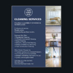 Modern Cleaning Services Photo Logo Navy Blue Flyer<br><div class="desc">Present your cleaning business with a polished, trustworthy look using this modern flyer design. The layout features space for your logo, and clear service details to help clients quickly understand what you offer. Its minimalist aesthetic appeals to homeowners, rental hosts, offices, and local businesses looking for reliable cleaning support. Easily...</div>