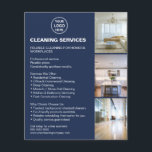 Modern Cleaning Services Photo Logo Navy Blue Flyer<br><div class="desc">Present your cleaning business with a polished, trustworthy look using this modern flyer design. The layout features space for your logo, and clear service details to help clients quickly understand what you offer. Its minimalist aesthetic appeals to homeowners, rental hosts, offices, and local businesses looking for reliable cleaning support. Easily...</div>