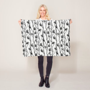 Modern Climbing Vine Black White Grey Painterly Fleece Blanket