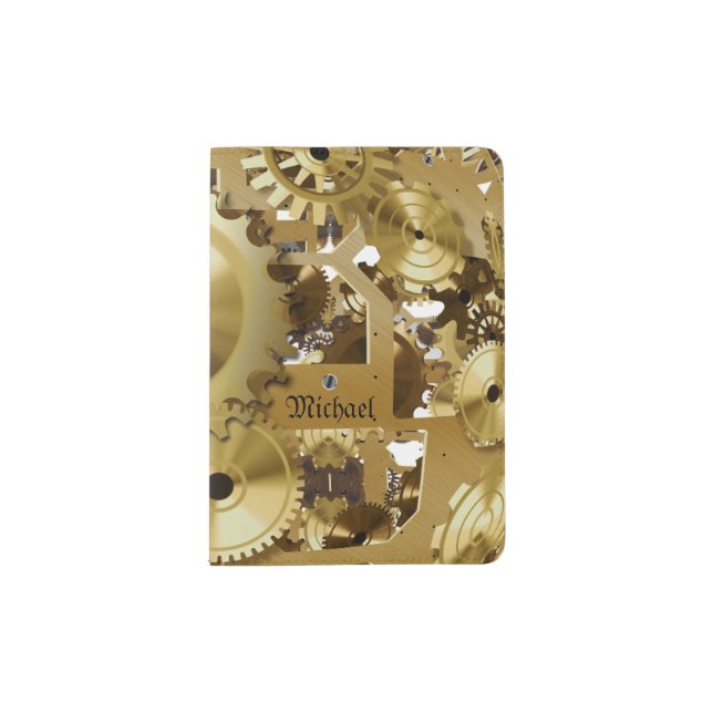 Modern Clock Engine Monogram Passport Holder (Front)