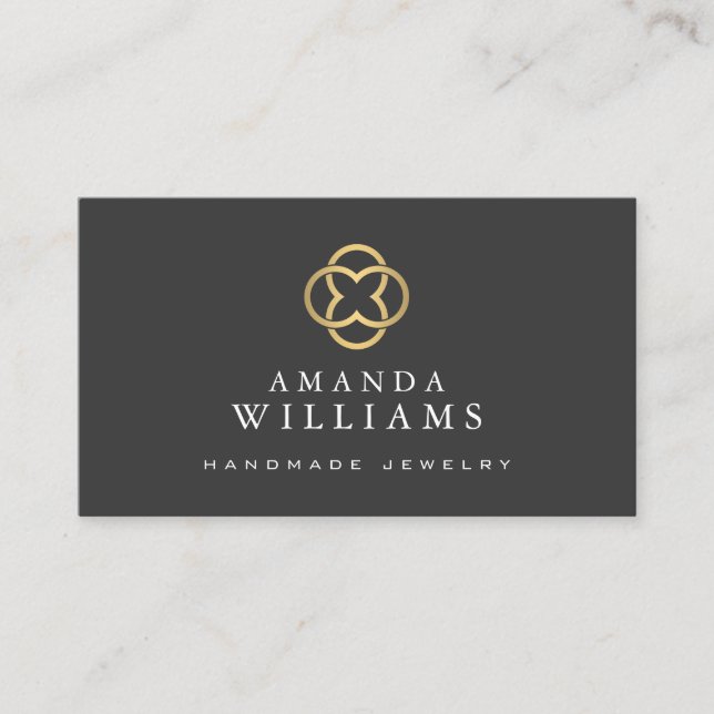 Modern Clover Gold Logo Luxury Boutique Dark Gray Business Card (Front)
