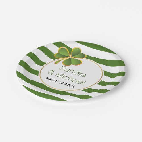 Modern clover  green white stripes Irish wedding Paper Plates