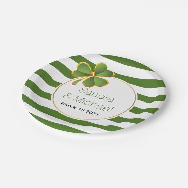 Modern clover & green white stripes Irish wedding Paper Plates (Angled)