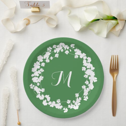 Modern Clover Leaves Wreath St Patricks Monogram  Paper Plates