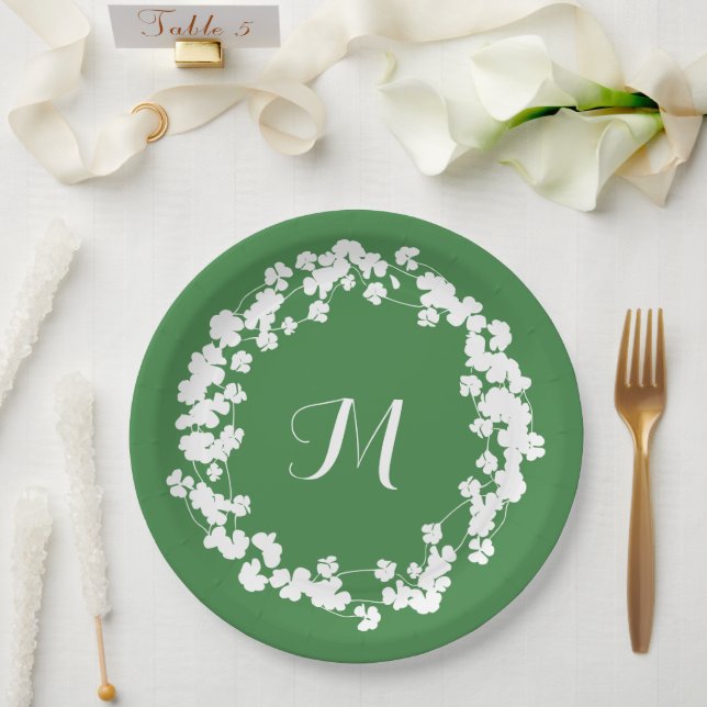 Modern Clover Leaves Wreath St Patricks Monogram  Paper Plates (Wedding)