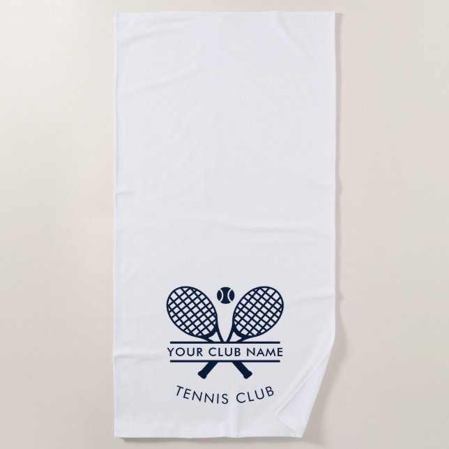 Modern Club Name Tennis Icons Navy Blue Custom Beach Towel (Front)