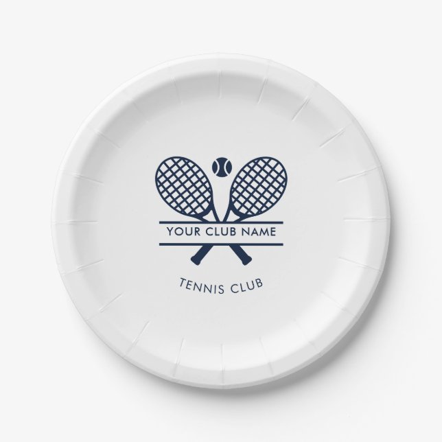 Modern Club Name Tennis Icons Navy Blue Logo Paper Plates (Front)