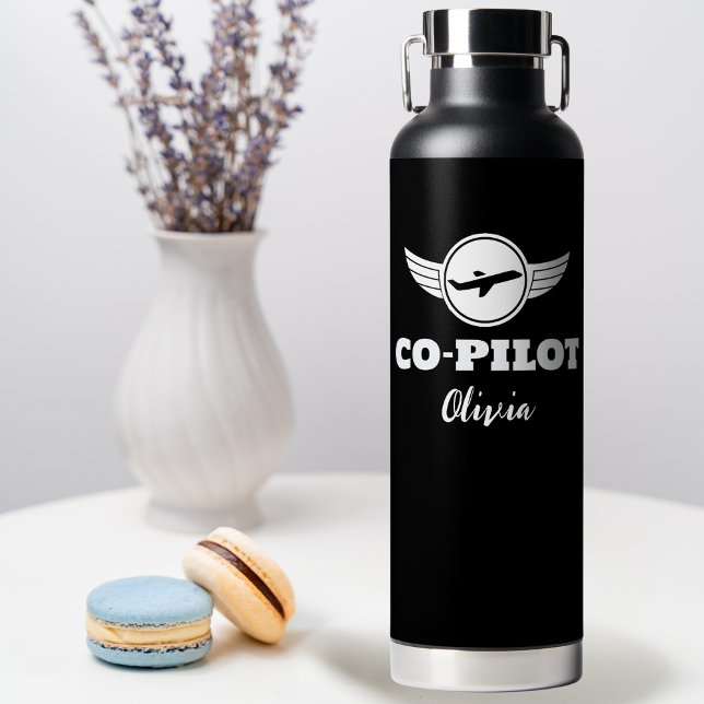 Modern CO-PILOT Typography Airplane, Black & White Water Bottle (Creator Uploaded)
