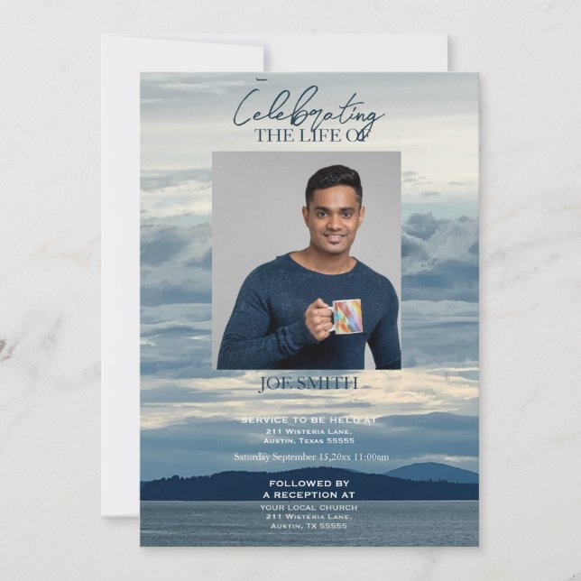 Modern coastal beach funeral memorial service invitation (Front)