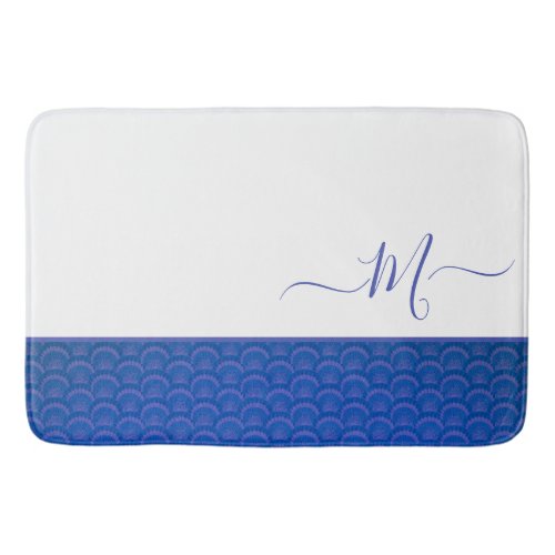 Modern Coastal Blue White Seashell Monogram  Bath Mat