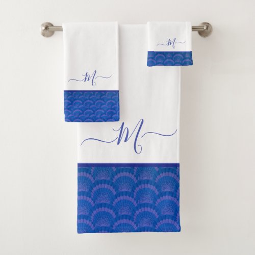 Modern Coastal Blue White Seashell Monogram Bath Towel Set
