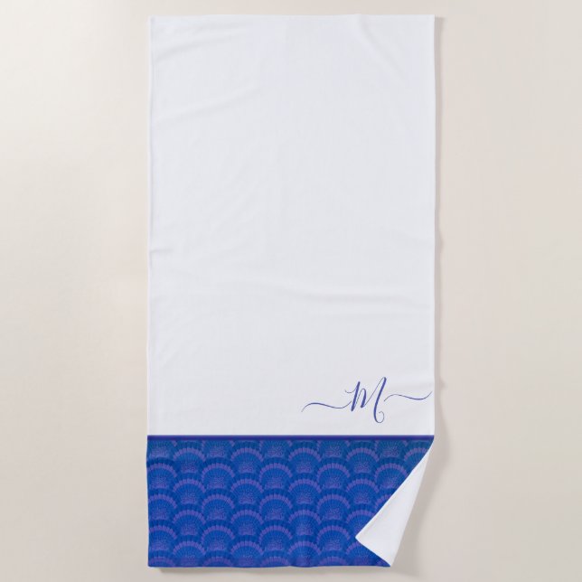 Modern Coastal Blue White Seashell Monogram  Beach Towel (Front)