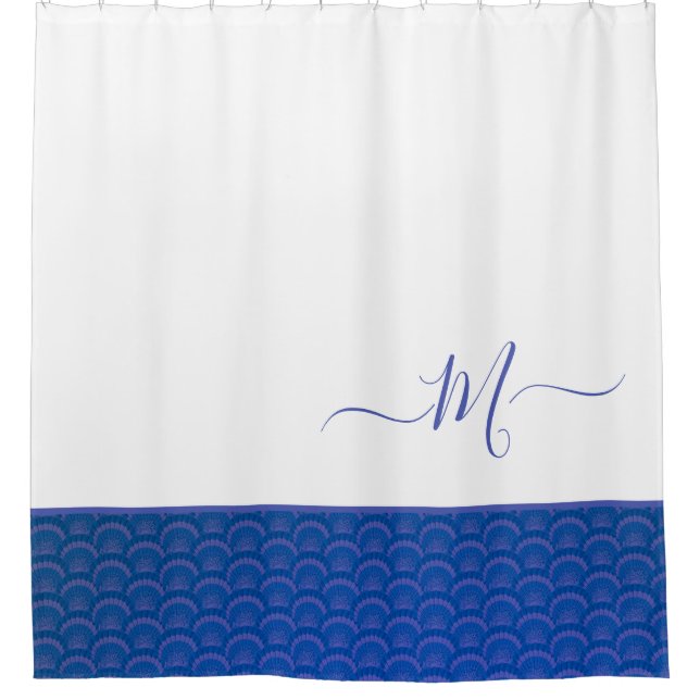 Modern Coastal Blue White Seashell Monogram Shower Curtain (Front)