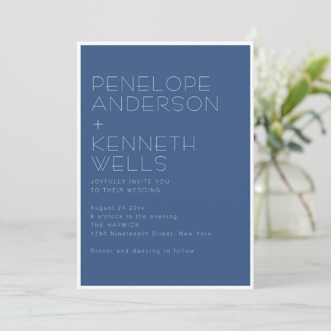 Modern Coastal Cobalt Blue Bold Typography Wedding Invitation (Standing Front)