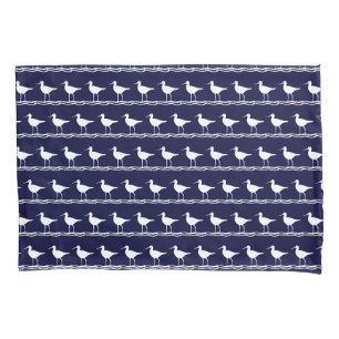 Modern Coastal Nautical Navy Blue Sandpipers Pillow Case