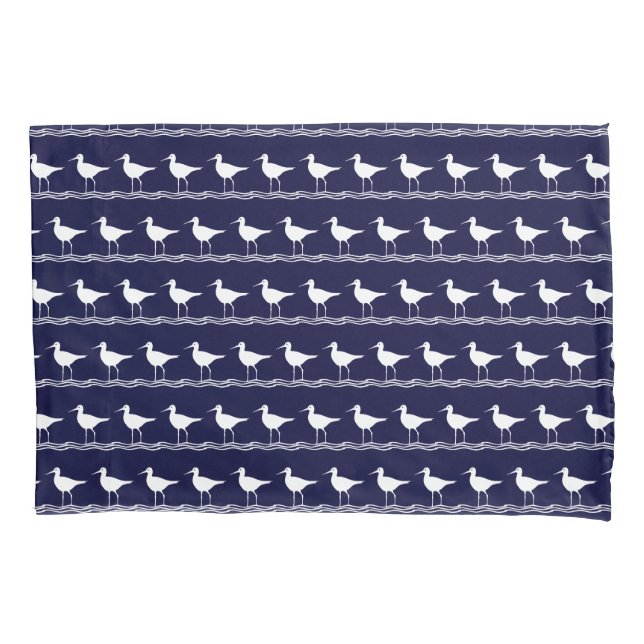 Modern Coastal Nautical Navy Blue Sandpipers Pillow Case (Front)