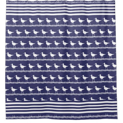 Modern Coastal Nautical Navy Blue Sandpipers Shower Curtain