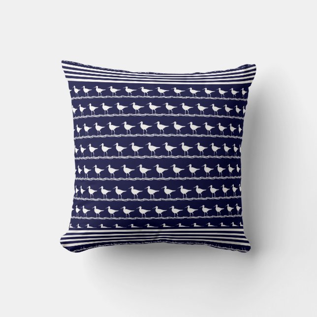 Modern Coastal Nautical Navy Blue Sandpipers  Throw Pillow (Front)