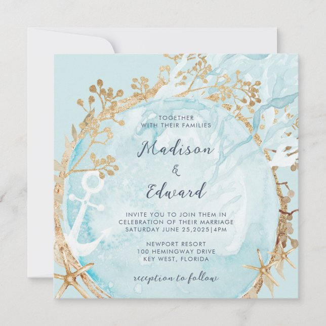 Modern Coastal Nautical Teal Green Gold Wedding Invitation (Front)