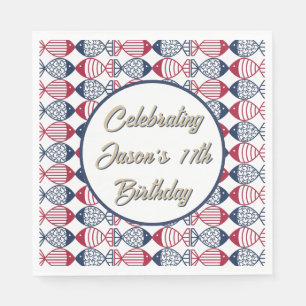 Modern Coastal Red, Blue and White Fish Pattern Napkins