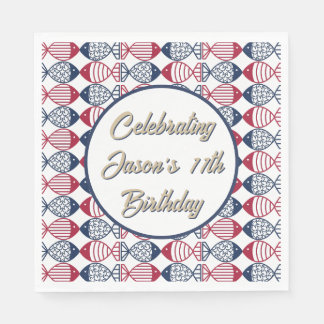 Modern Coastal Red, Blue and White Fish Pattern Napkins