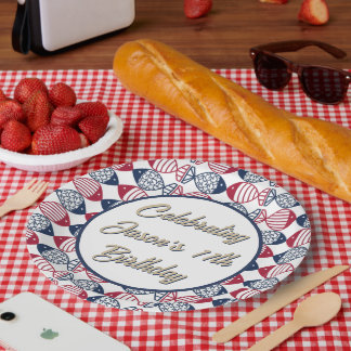 Modern Coastal Red, Blue and White Fish Pattern Paper Plates