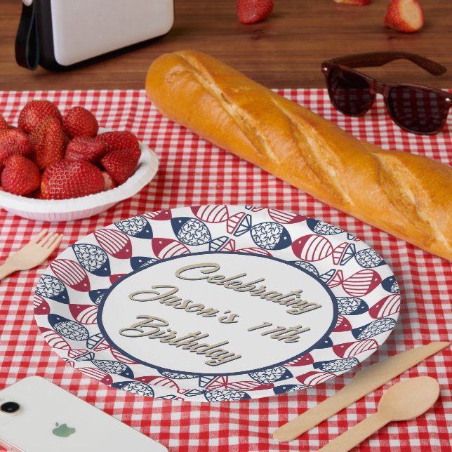 Modern Coastal Red, Blue and White Fish Pattern  Paper Plates (Picnic)