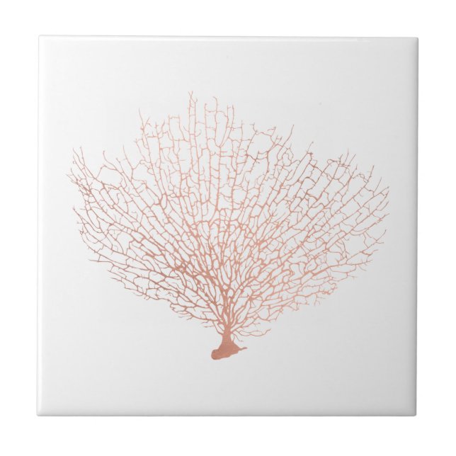 Modern Coastal Rose Gold Sea Fan Coral Ceramic Tile (Front)