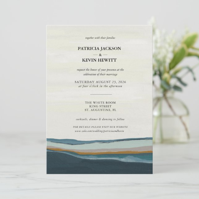 Modern Coastal Seascape Painting Wedding Invitation (Standing Front)