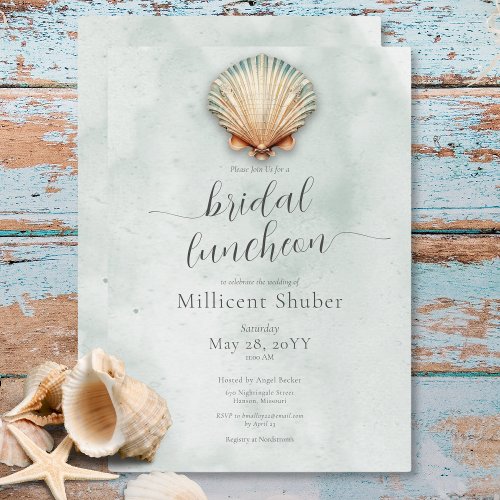 Modern Coastal Seashell Aqua Bridal Luncheon Invitation
