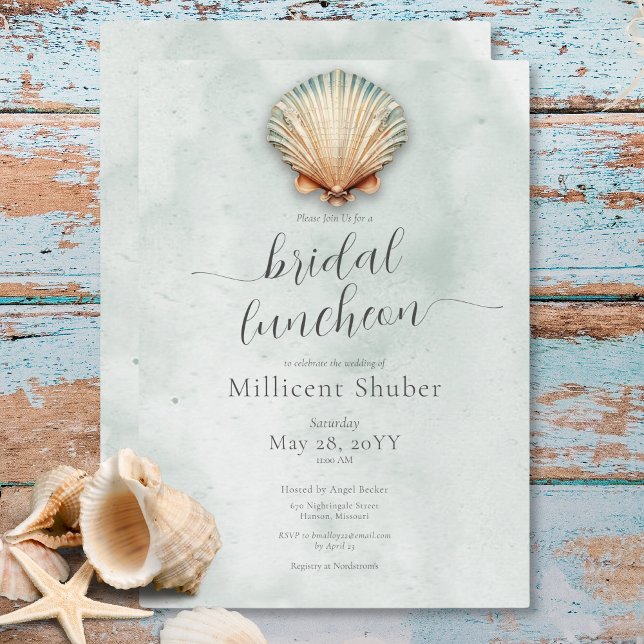 Modern Coastal Seashell Aqua Bridal Luncheon Invitation (Modern Coastal Seashell Aqua Bridal Luncheon Invitation)