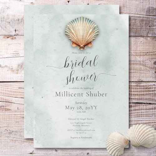 Modern Coastal Seashell Aqua Bridal Shower Invitation
