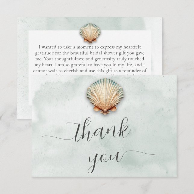 Modern Coastal Seashell Aqua Bridal Shower Thank You Card (Front/Back)