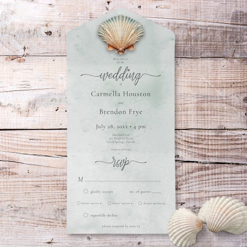 Modern Coastal Seashell Aqua Watercolor Dinner All In One Invitation